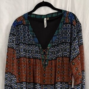 NY Collections Rust Mosaic Lace-Up V-Neck Peasant Top